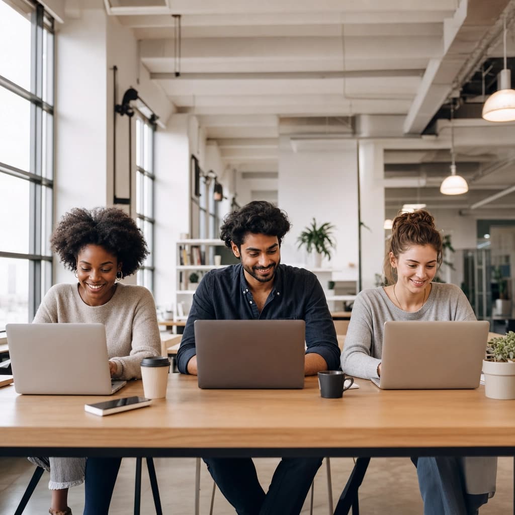 Three learners on laptops together in a bright workspace during a live Xcademia tech bootcamp